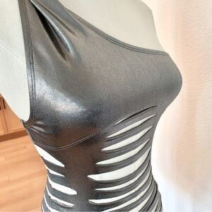 NWOT Sexy Silver Metallic Foil Shredded Cut-Out One-Piece One-Shoulder Swimsuit